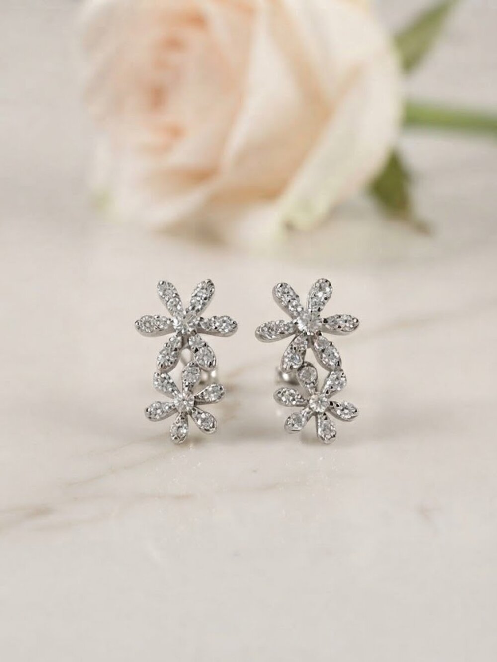 Sterling Silver CZ double daisy stud earrings NEW